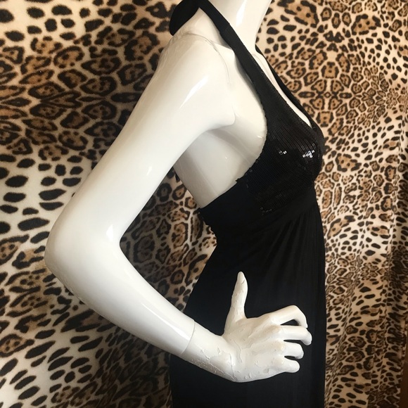 Plunging Neckline Black Sequin H & M Dress w/ Satin Le Chateau Bolero Jacket - Picture 10 of 15